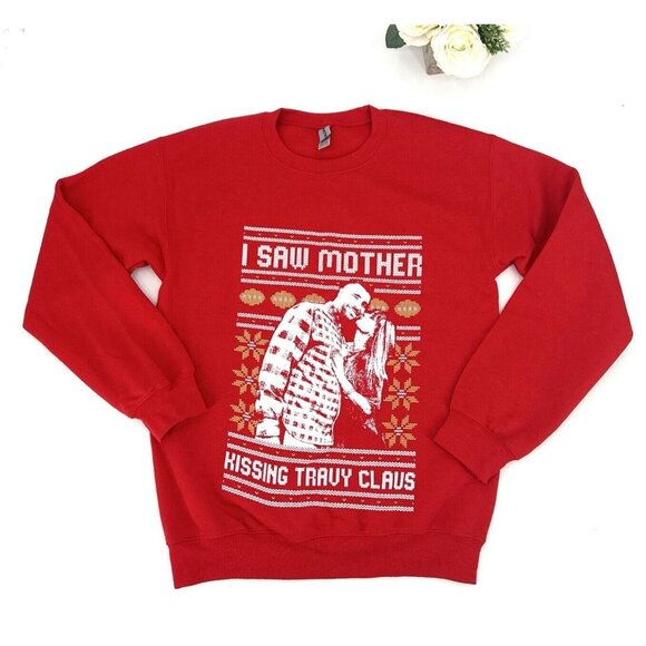 I Saw Mother Kissing Travy Claus Ugly Christmas Sweatshirt Size Small Red Taylor - Picture 6 of 9
